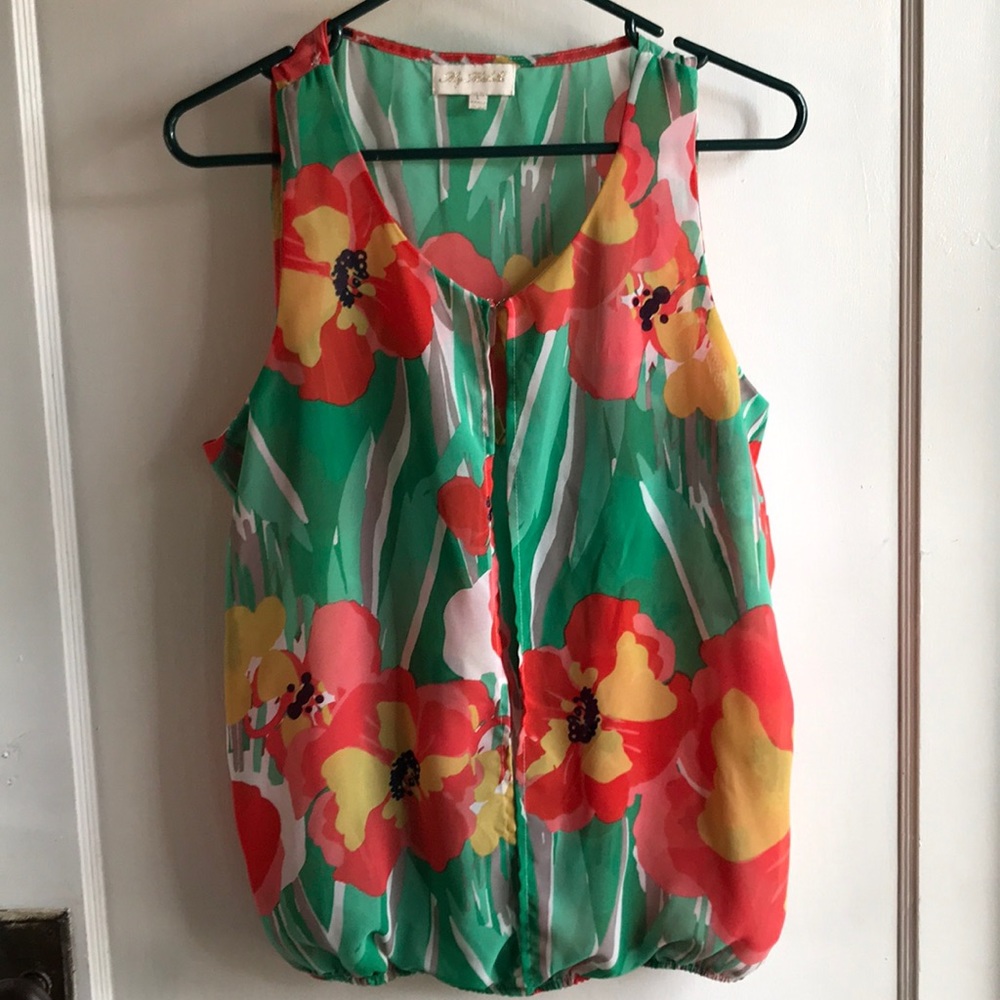 Bright, light layered blouse.  Greens, oranges L
